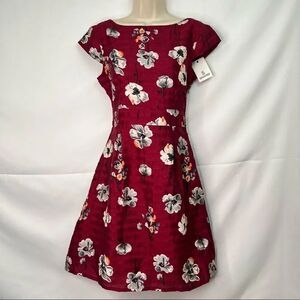 Sassafras Burgundy Floral Silk Skater dress Brand New